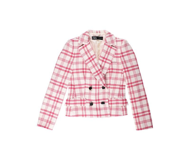 Rosa og hvit rutete dobbelspent blazer for kvinner