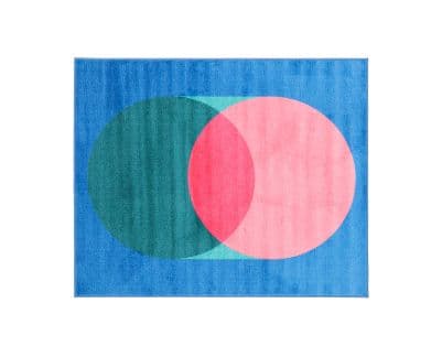 Abstrakt geometrisk teppe, blå, rosa, grønne sirkler