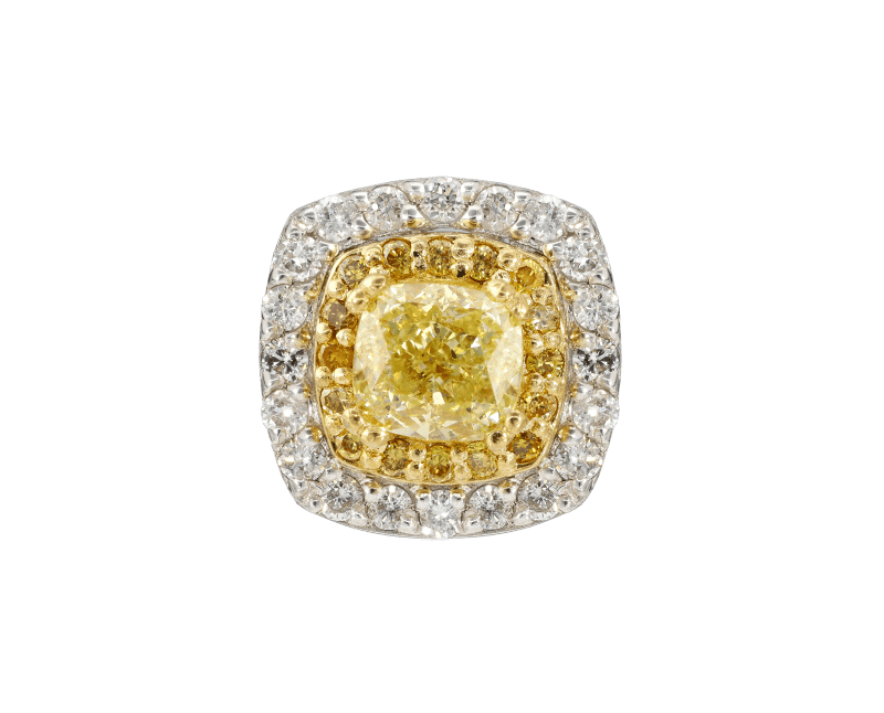 Fancy gul diamant cushion cut halo-ring sett ovenfra