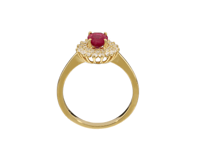 Ring i gult gull med ovalt rubin- og diamant-halo