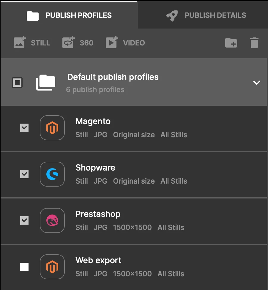 Publiseringsprofiler i Orbitvu Station for Magento, Shopware og PrestaShop