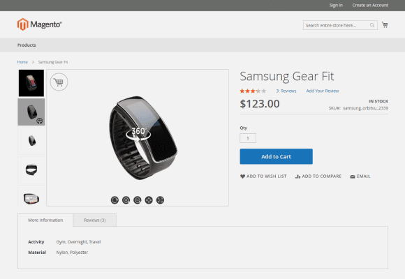 Produktside for Samsung Gear Fit med 360°-visning i Magento
