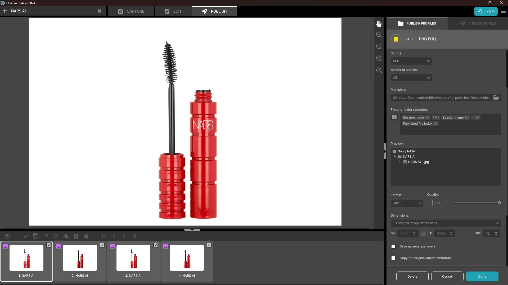 NARS Mascara eksportinnstillinger for bilder i programvare for produktfotografering