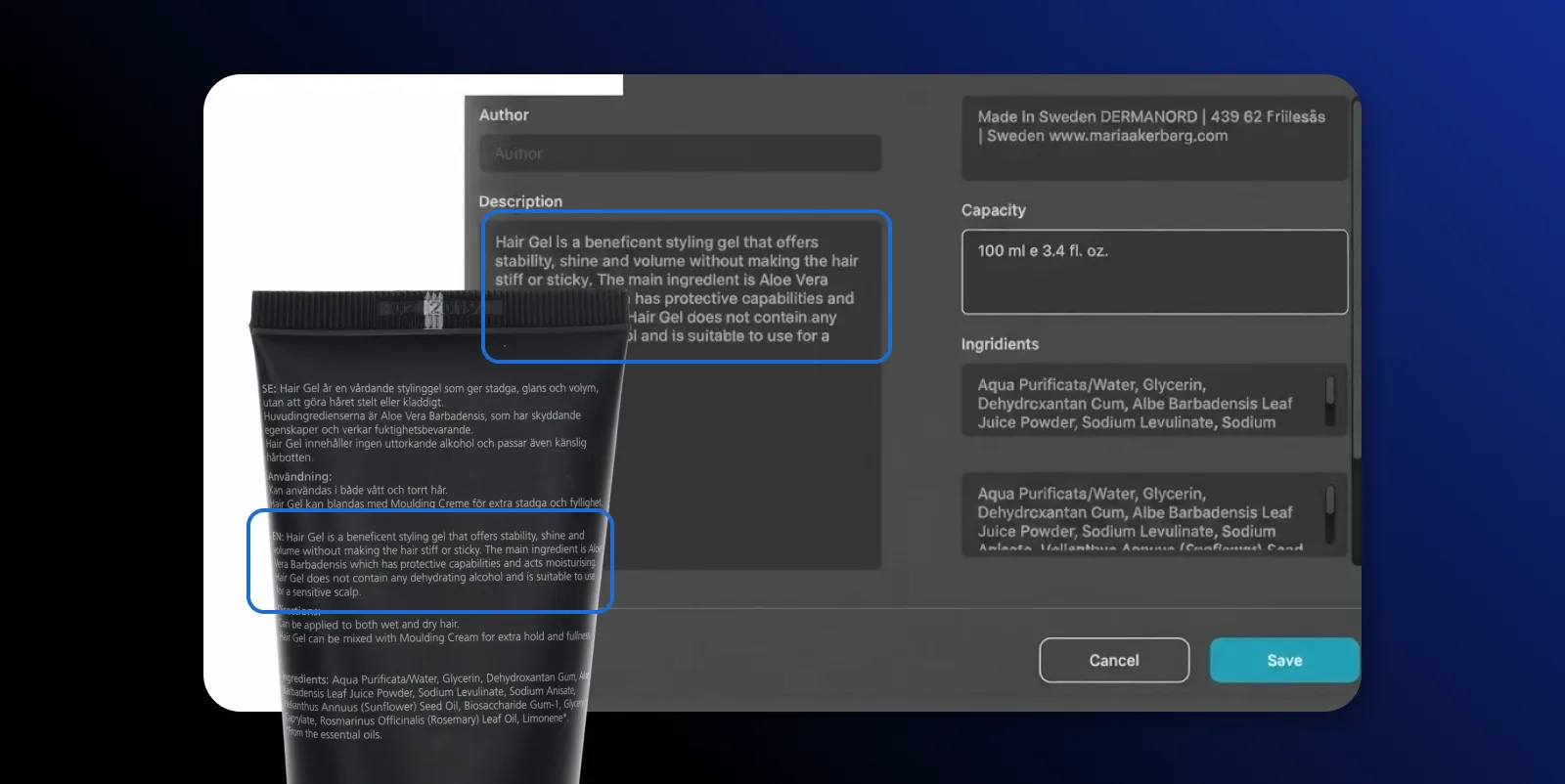 AI OCR henter ut produktbeskrivelse og innhold fra en produktetikett i Orbitvu Station