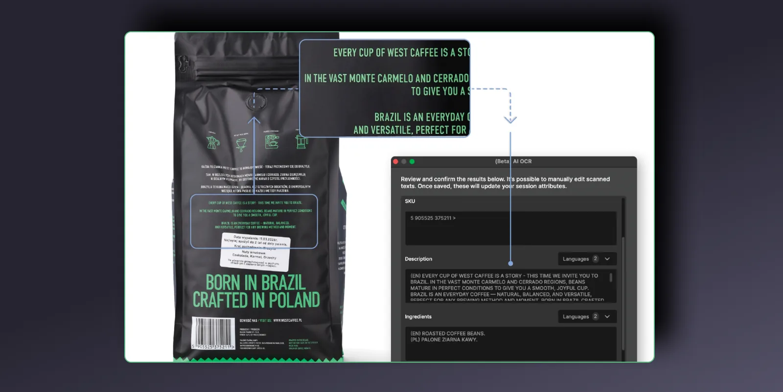 AI OCR i Orbitvu Station leser SKU, beskrivelse og ingredienser fra en produktemballasje inn i øktattributter